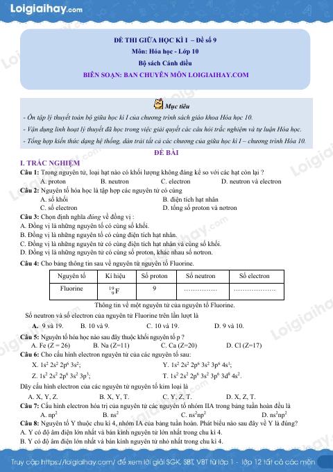 Đề thi giữa kì 1 Hóa 10 Cánh diều - Đề số 9